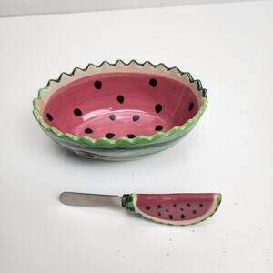 Secret Garden Stoneware Watermelon Dip Small Ceramic Bowl & Spreading Knife
